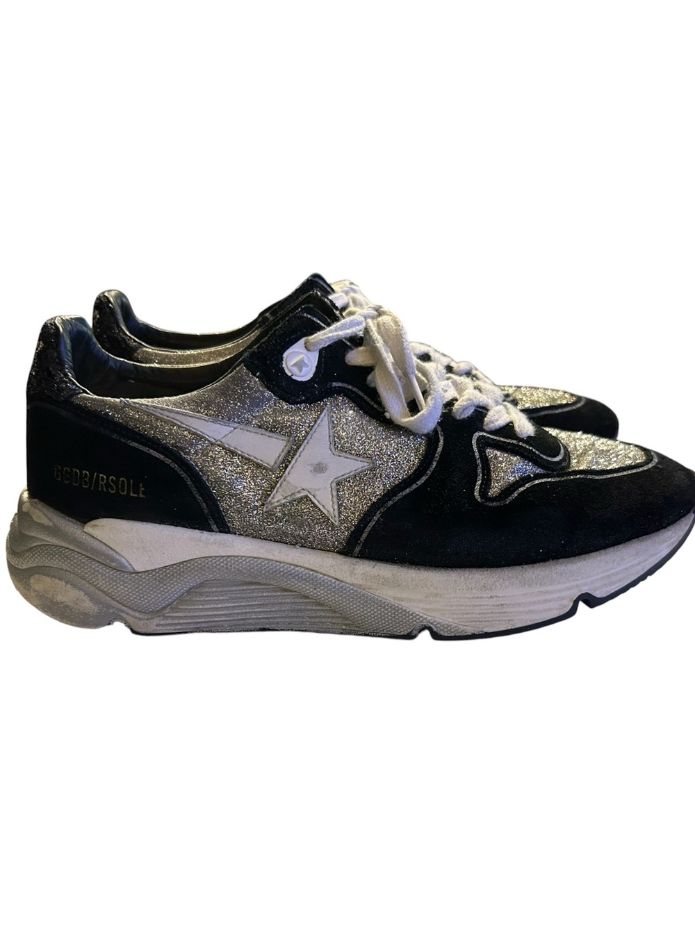 Golden Goose Running Sneakers BLK/SIL Glitter Lived-In/Distressed Luxe Sz 38 / 8 - Picture 6 of 16